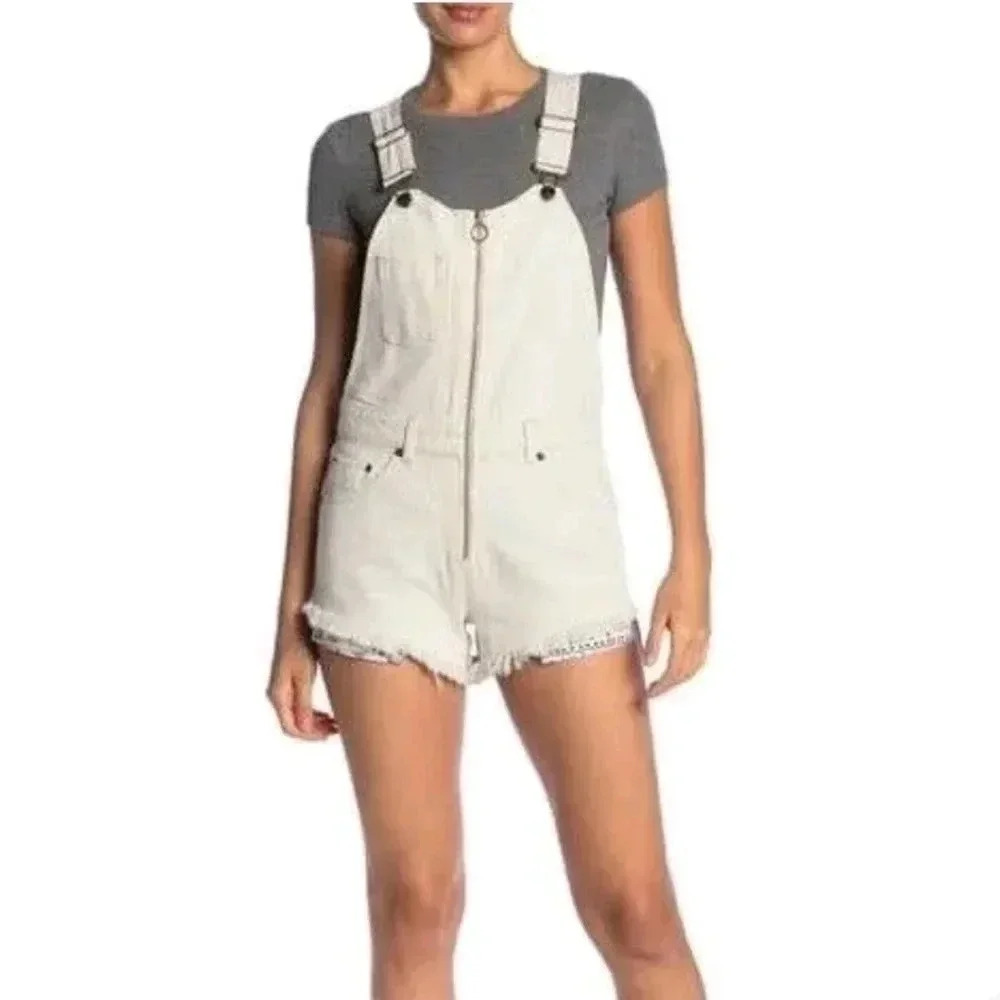 Free People cream colored sun-kissed denim short overalls with fringe leg size10